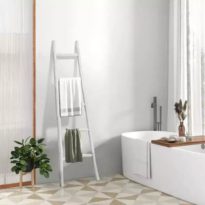 Échelle à couvertures à 5 barreaux en bois massif blanc LuxenHome