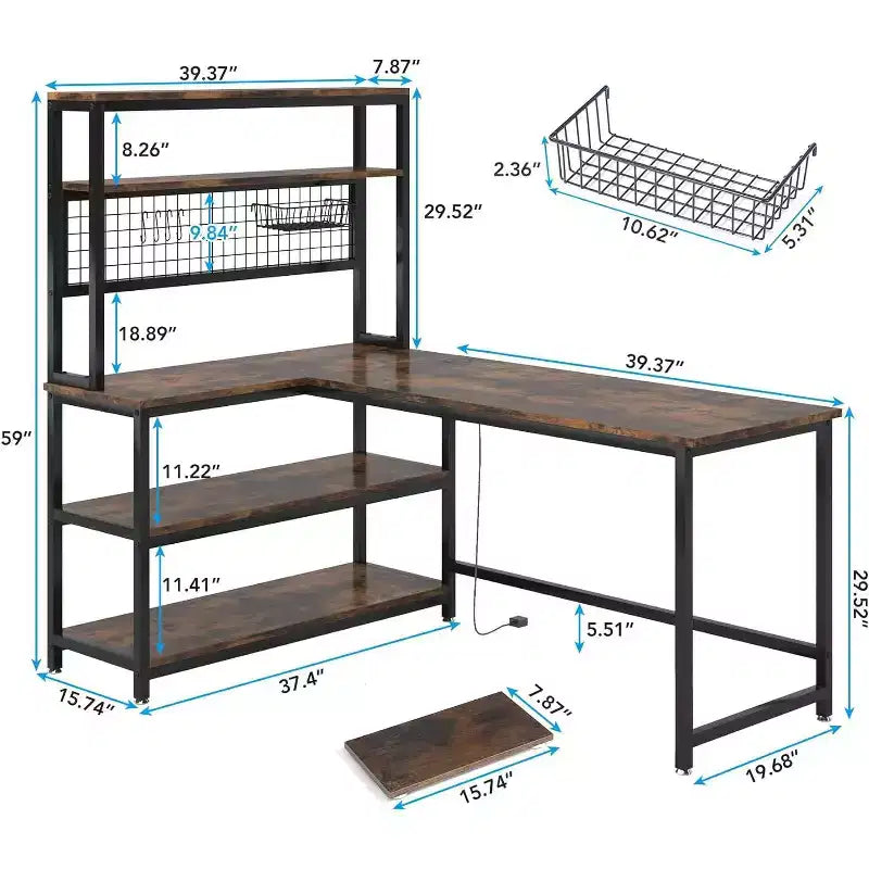 Lantine 55.11 Bureau d'ordinateur avec chargeur sans fil 5 étagères de rangement, bureau d'étude, bureau d'écriture avec étagère supérieure pour bureau à domicile