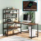 Lantine 55.11 Bureau d'ordinateur avec chargeur sans fil 5 étagères de rangement, bureau d'étude, bureau d'écriture avec étagère supérieure pour bureau à domicile