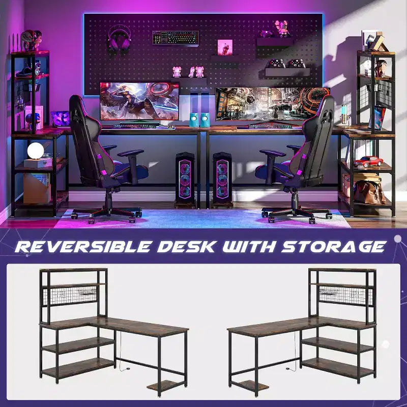 Lantine 55.11 Bureau d'ordinateur avec chargeur sans fil 5 étagères de rangement, bureau d'étude, bureau d'écriture avec étagère supérieure pour bureau à domicile