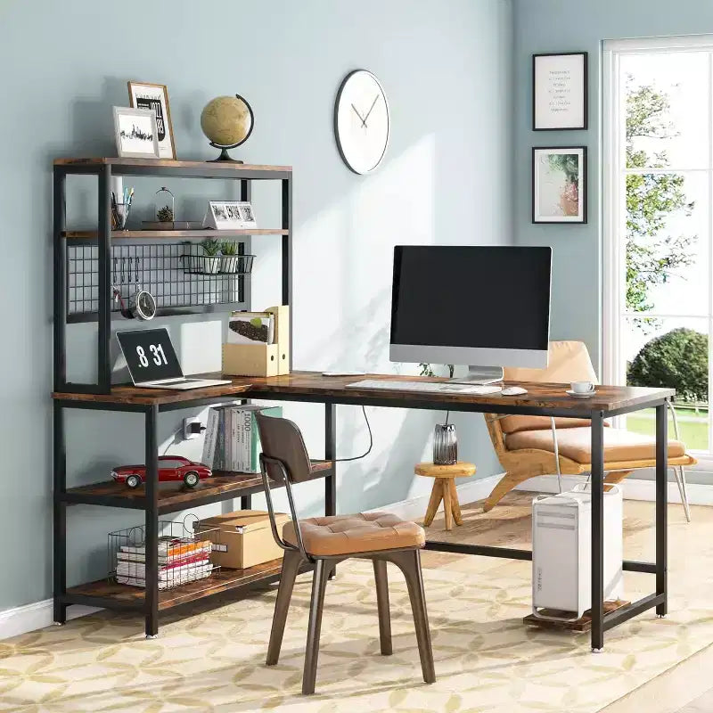 Lantine 55.11 Bureau d'ordinateur avec chargeur sans fil 5 étagères de rangement, bureau d'étude, bureau d'écriture avec étagère supérieure pour bureau à domicile