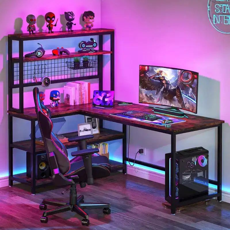 Lantine 55.11 Bureau d'ordinateur avec chargeur sans fil 5 étagères de rangement, bureau d'étude, bureau d'écriture avec étagère supérieure pour bureau à domicile