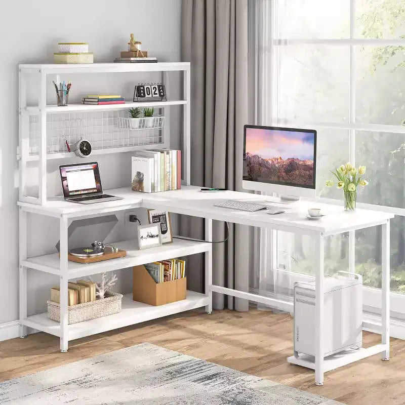 Lantine 55.11 Bureau d'ordinateur avec chargeur sans fil 5 étagères de rangement, bureau d'étude, bureau d'écriture avec étagère supérieure pour bureau à domicile