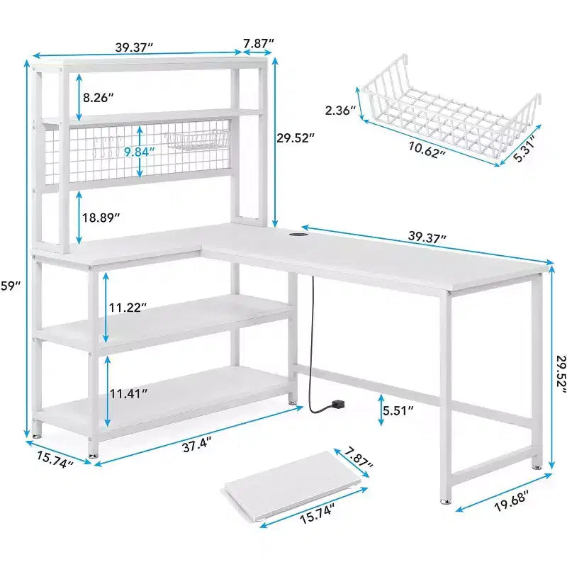 Lantine 55.11 Bureau d'ordinateur avec chargeur sans fil 5 étagères de rangement, bureau d'étude, bureau d'écriture avec étagère supérieure pour bureau à domicile