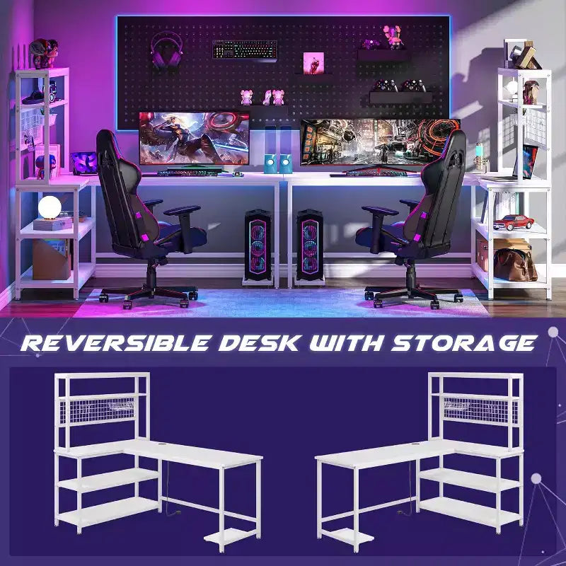 Lantine 55.11 Bureau d'ordinateur avec chargeur sans fil 5 étagères de rangement, bureau d'étude, bureau d'écriture avec étagère supérieure pour bureau à domicile