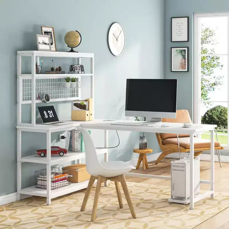 Lantine 55.11 Bureau d'ordinateur avec chargeur sans fil 5 étagères de rangement, bureau d'étude, bureau d'écriture avec étagère supérieure pour bureau à domicile