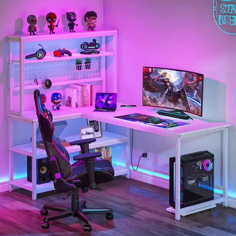 Lantine 55.11 Bureau d'ordinateur avec chargeur sans fil 5 étagères de rangement, bureau d'étude, bureau d'écriture avec étagère supérieure pour bureau à domicile