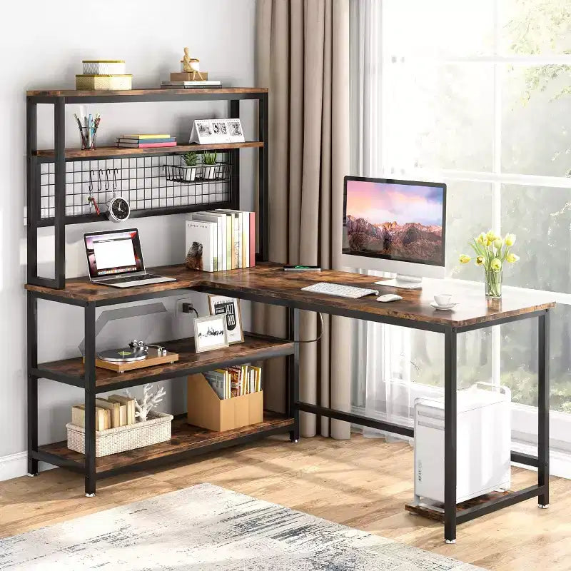 Lantine 55.11 Bureau d'ordinateur avec chargeur sans fil 5 étagères de rangement, bureau d'étude, bureau d'écriture avec étagère supérieure pour bureau à domicile