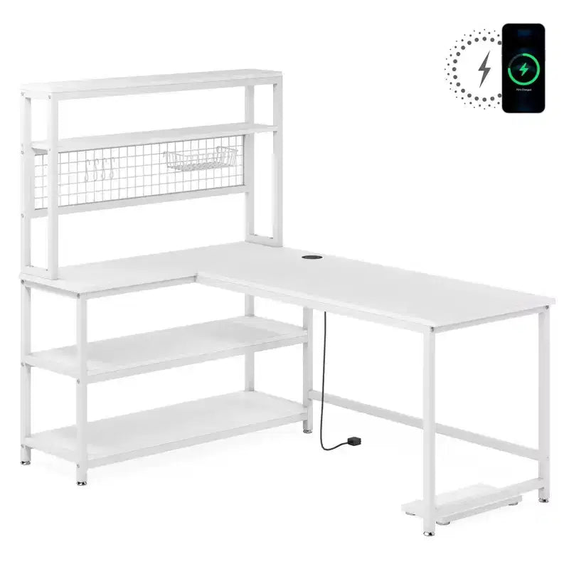 Lantine 55.11 Bureau d'ordinateur avec chargeur sans fil 5 étagères de rangement, bureau d'étude, bureau d'écriture avec étagère supérieure pour bureau à domicile