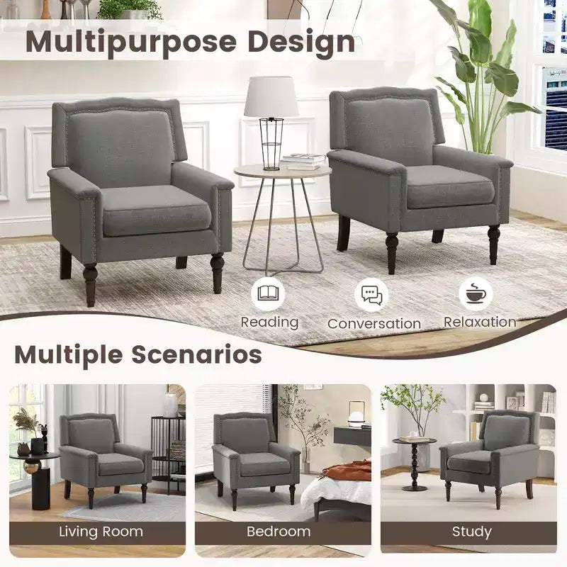 Fauteuil moderne de style Mid-century Costway, lot de 1 ou 2, avec coussin épais et pieds en bois d'hévéa, pour salon, gris
