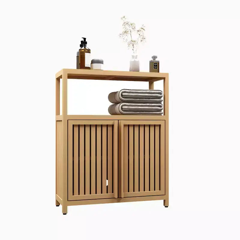 32.08 Grande armoire de rangement en bambou avec 1 étagère ouverte et 2 portes pour salle de bain, Naturel 4A - ModernLuxe