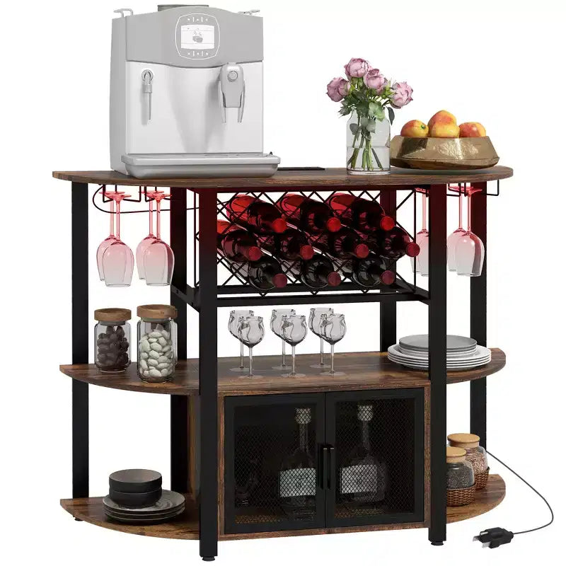 Meuble à vin HOMCOM avec station de recharge et lumières LED, meuble bar avec porte-bouteilles, porte-verres, portes grillagées et étagères ouvertes, marron rustique