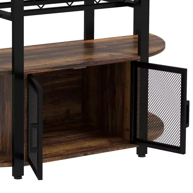 Meuble à vin HOMCOM avec station de recharge et lumières LED, meuble bar avec porte-bouteilles, porte-verres, portes grillagées et étagères ouvertes, marron rustique