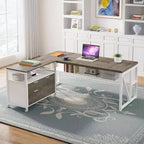 Bureau d'angle Lantine avec tiroirs, bureau informatique exécutif de 63 pouces et classeur latéral pour bureau à domicile