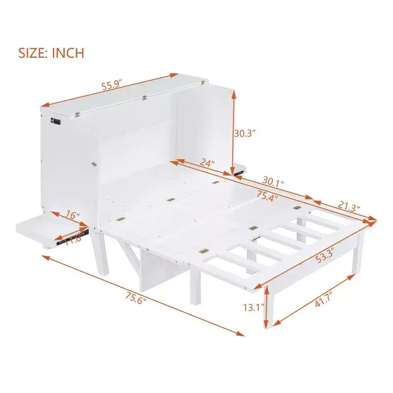 Lit escamotable grand lit/queen size avec port USB et étagères amovibles de chaque côté, blanc/gris, 4A -ModernLuxe