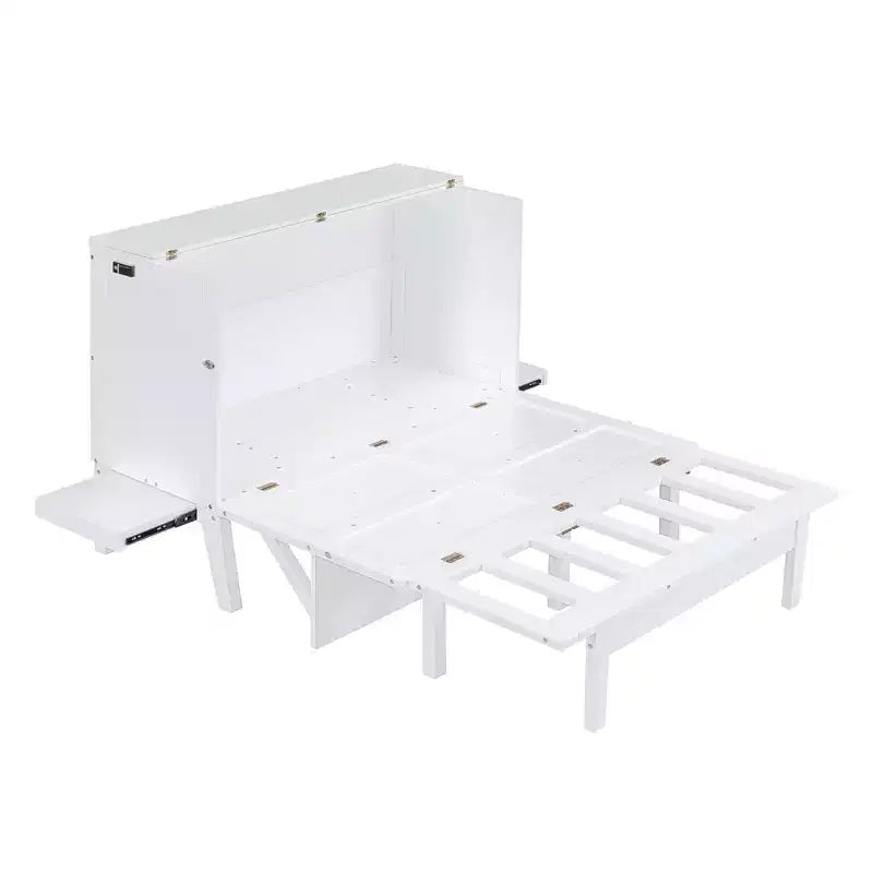 Lit escamotable grand lit/queen size avec port USB et étagères amovibles de chaque côté, blanc/gris, 4A -ModernLuxe