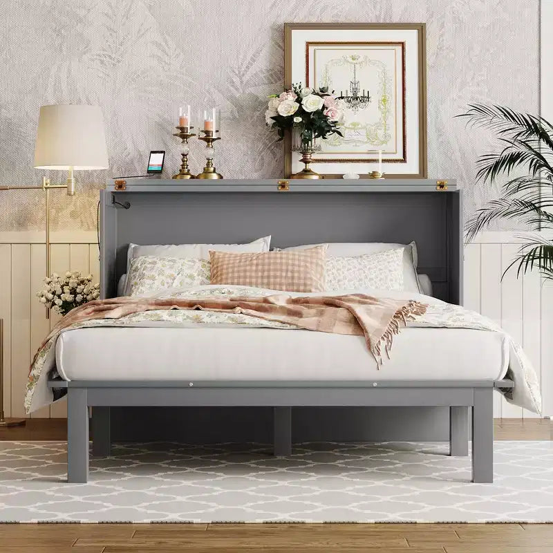 Lit escamotable grand lit/queen size avec port USB et étagères amovibles de chaque côté, blanc/gris, 4A -ModernLuxe
