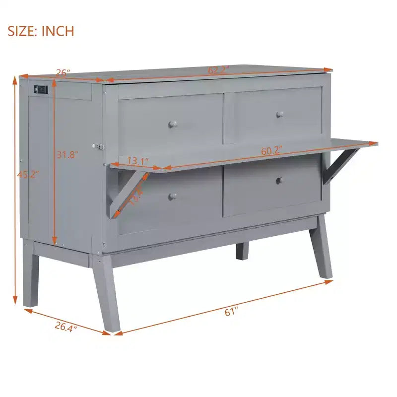 Lit escamotable grand lit/queen size avec port USB et étagères amovibles de chaque côté, blanc/gris, 4A -ModernLuxe