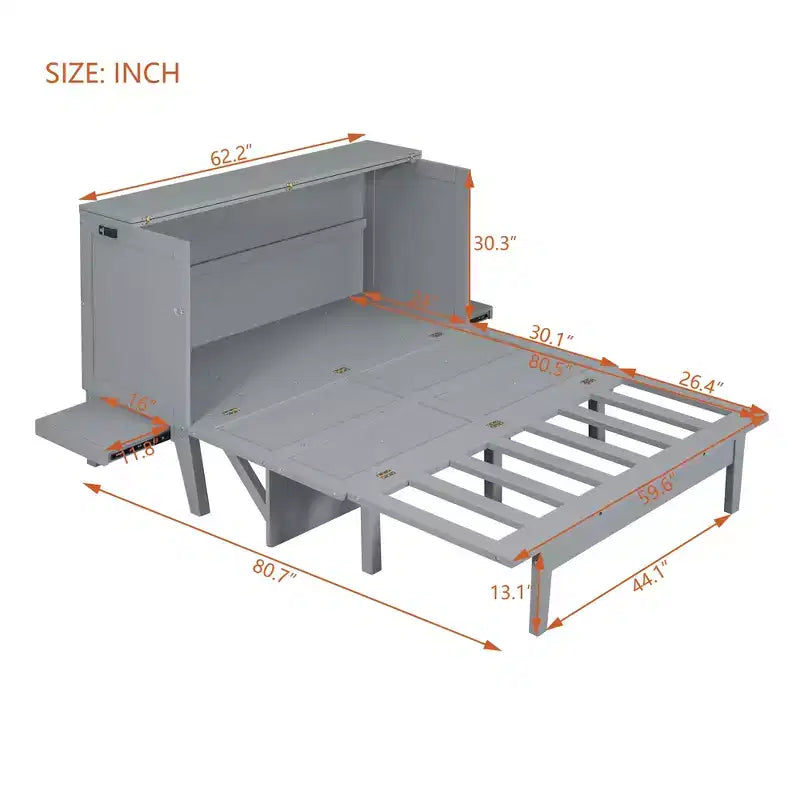 Lit escamotable grand lit/queen size avec port USB et étagères amovibles de chaque côté, blanc/gris, 4A -ModernLuxe