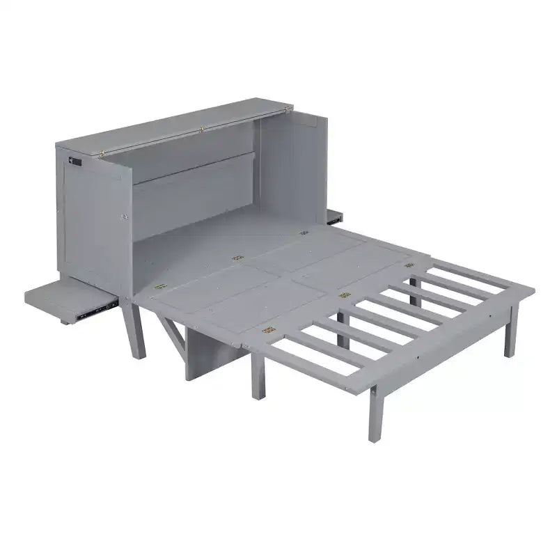 Lit escamotable grand lit/queen size avec port USB et étagères amovibles de chaque côté, blanc/gris, 4A -ModernLuxe