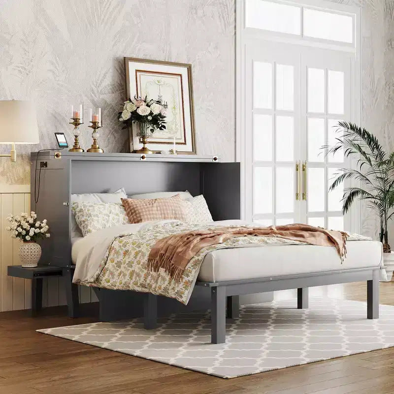 Lit escamotable grand lit/queen size avec port USB et étagères amovibles de chaque côté, blanc/gris, 4A -ModernLuxe