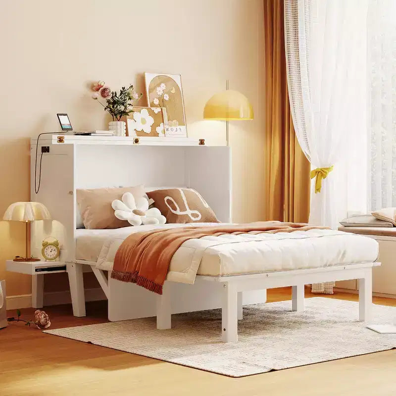 Full/Queen Size Murphy Bed with USB Port and Removable Shelves on Each Side, White/Gray, 4A -ModernLuxe