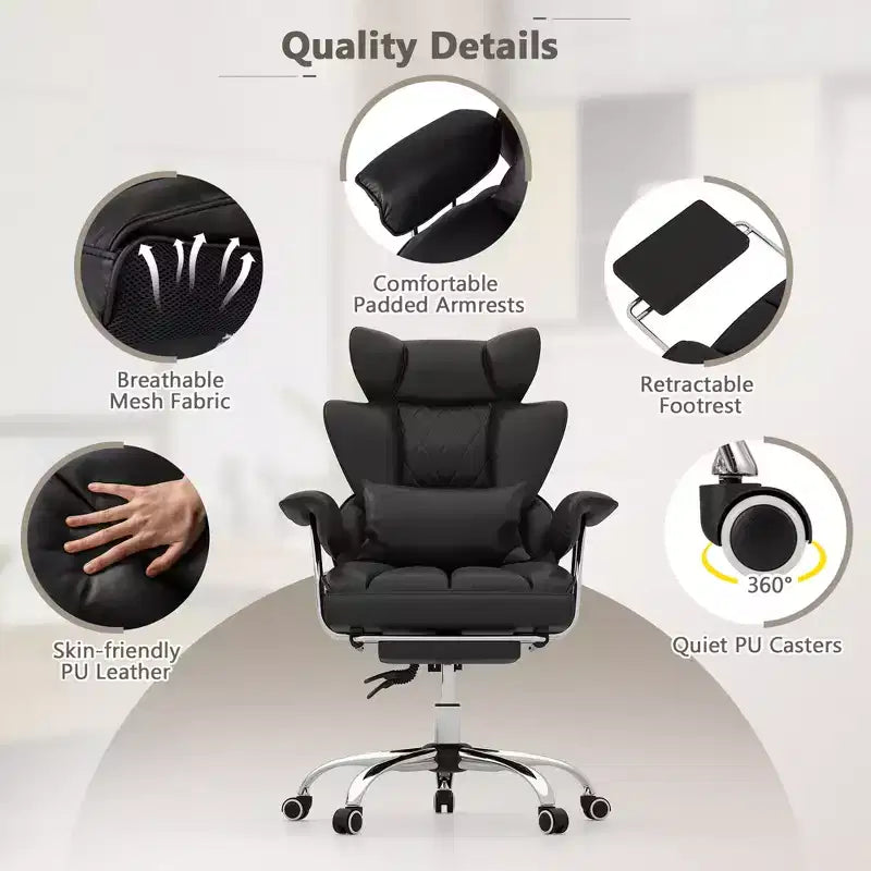 Chaise de Bureau Costway Grande Taille Fauteuil de Bureau Exécutif avec Repose-Pieds Support Lombaire Noir/Gris/Blanc