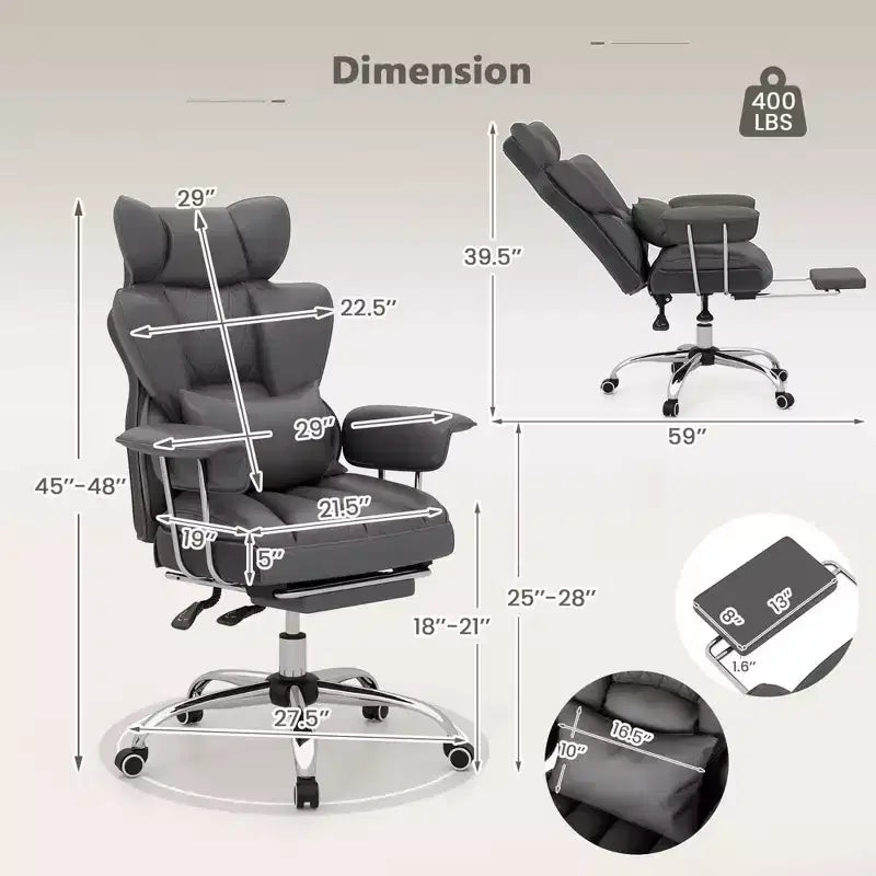 Chaise de Bureau Costway Grande Taille Fauteuil de Bureau Exécutif avec Repose-Pieds Support Lombaire Noir/Gris/Blanc