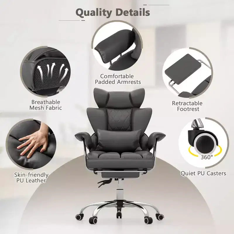 Chaise de Bureau Costway Grande Taille Fauteuil de Bureau Exécutif avec Repose-Pieds Support Lombaire Noir/Gris/Blanc