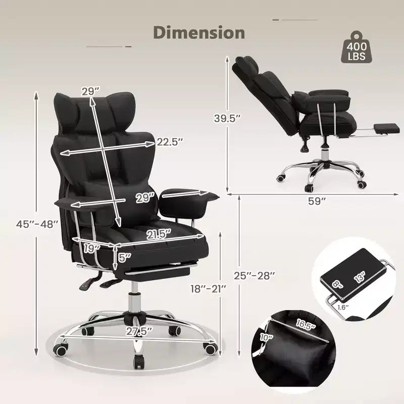 Chaise de Bureau Costway Grande Taille Fauteuil de Bureau Exécutif avec Repose-Pieds Support Lombaire Noir/Gris/Blanc