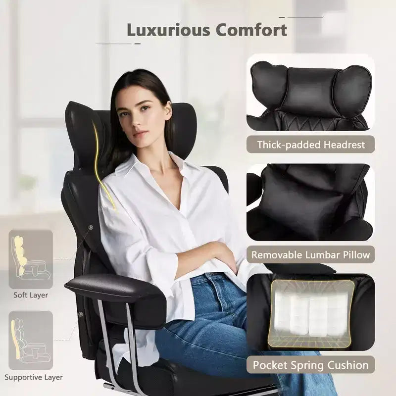 Chaise de Bureau Costway Grande Taille Fauteuil de Bureau Exécutif avec Repose-Pieds Support Lombaire Noir/Gris/Blanc