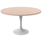 LeisureMod Verve Mid-Century Modern Table with a 48 Round MDF Tabletop and White Steel Pedestal Base for Kitchen and Dining Room in Light Natural