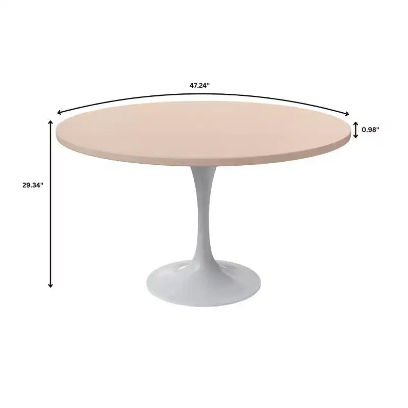 Table moderne LeisureMod Verve du milieu du siècle avec un plateau rond en MDF de 48 pouces et un piédestal en acier blanc pour la cuisine et la salle à manger en bois naturel clair
