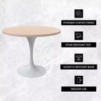Table moderne LeisureMod Verve du milieu du siècle avec un plateau rond en MDF de 48 pouces et un piédestal en acier blanc pour la cuisine et la salle à manger en bois naturel clair