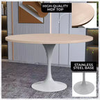 Table moderne LeisureMod Verve du milieu du siècle avec un plateau rond en MDF de 48 pouces et un piédestal en acier blanc pour la cuisine et la salle à manger en bois naturel clair