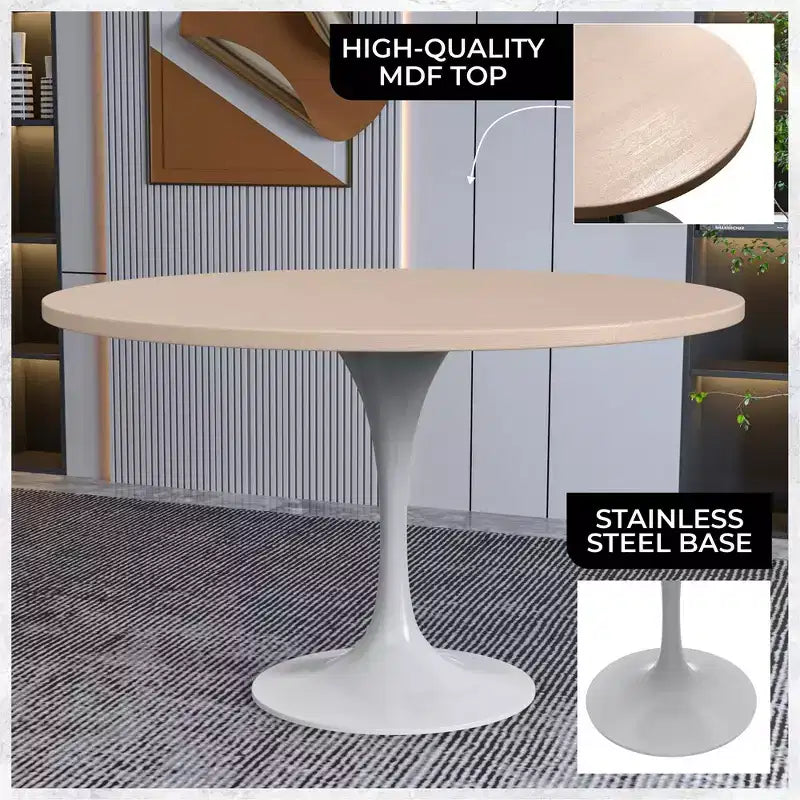 Table moderne LeisureMod Verve du milieu du siècle avec un plateau rond en MDF de 48 pouces et un piédestal en acier blanc pour la cuisine et la salle à manger en bois naturel clair