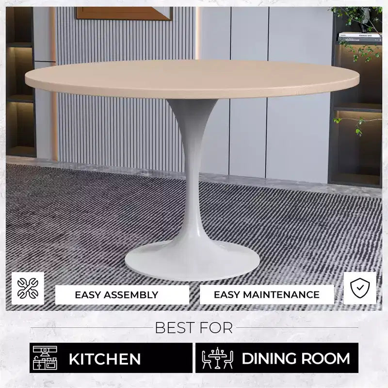 Table moderne LeisureMod Verve du milieu du siècle avec un plateau rond en MDF de 48 pouces et un piédestal en acier blanc pour la cuisine et la salle à manger en bois naturel clair