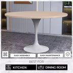 Table moderne LeisureMod Verve du milieu du siècle avec un plateau rond en MDF de 48 pouces et un piédestal en acier blanc pour la cuisine et la salle à manger en bois naturel clair