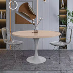 Table moderne LeisureMod Verve du milieu du siècle avec un plateau rond en MDF de 48 pouces et un piédestal en acier blanc pour la cuisine et la salle à manger en bois naturel clair