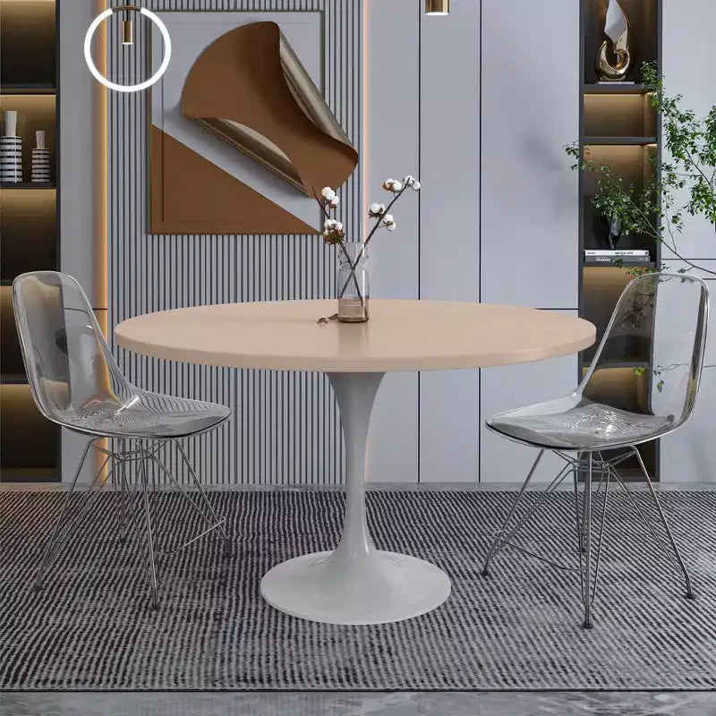Table moderne LeisureMod Verve du milieu du siècle avec un plateau rond en MDF de 48 pouces et un piédestal en acier blanc pour la cuisine et la salle à manger en bois naturel clair