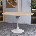 Table moderne LeisureMod Verve du milieu du siècle avec un plateau rond en MDF de 48 pouces et un piédestal en acier blanc pour la cuisine et la salle à manger en bois naturel clair