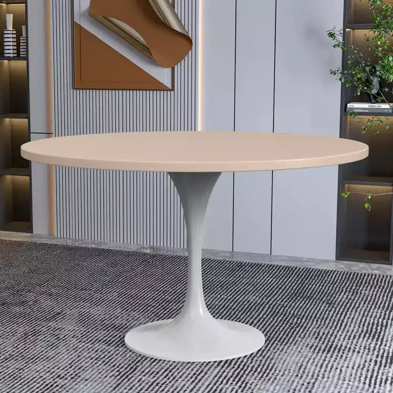 Table moderne LeisureMod Verve du milieu du siècle avec un plateau rond en MDF de 48 pouces et un piédestal en acier blanc pour la cuisine et la salle à manger en bois naturel clair