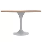 Table moderne LeisureMod Verve du milieu du siècle avec un plateau rond en MDF de 48 pouces et un piédestal en acier blanc pour la cuisine et la salle à manger en bois naturel clair