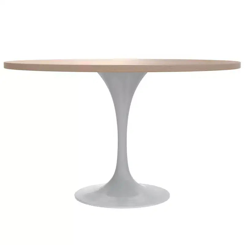 Table moderne LeisureMod Verve du milieu du siècle avec un plateau rond en MDF de 48 pouces et un piédestal en acier blanc pour la cuisine et la salle à manger en bois naturel clair