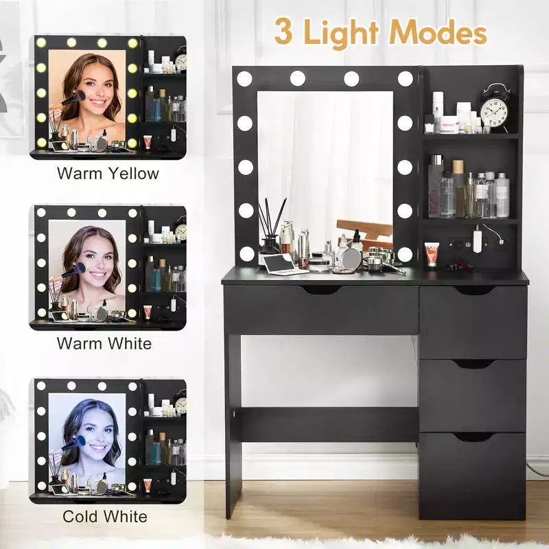 Coiffeuse avec tiroirs, coiffeuse blanche avec miroir et lumières 3 couleurs