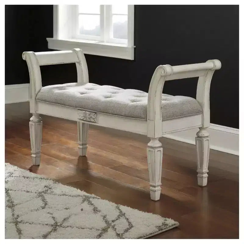 Banc d'appoint Ashley Realyn Signature Design – Blanc antique capitonné avec coussin en mousse