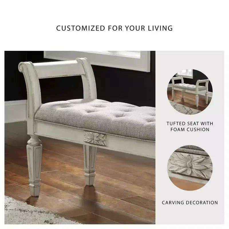 Banc d'appoint Ashley Realyn Signature Design – Blanc antique capitonné avec coussin en mousse