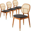 LeisureMod Holbeck Wicker Dining Chair with Upholstered Leather Seat and Beech Wood Legs, Set of 4