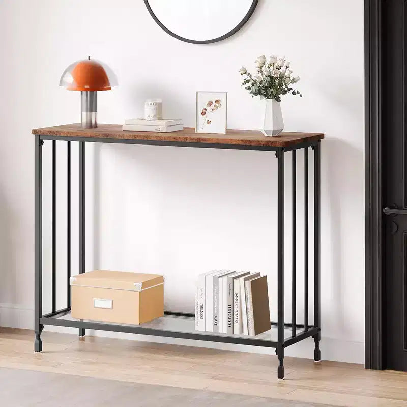 Table console 33.5/41.5, Table d'entrée industrielle, Table basse étroite avec étagère en verre