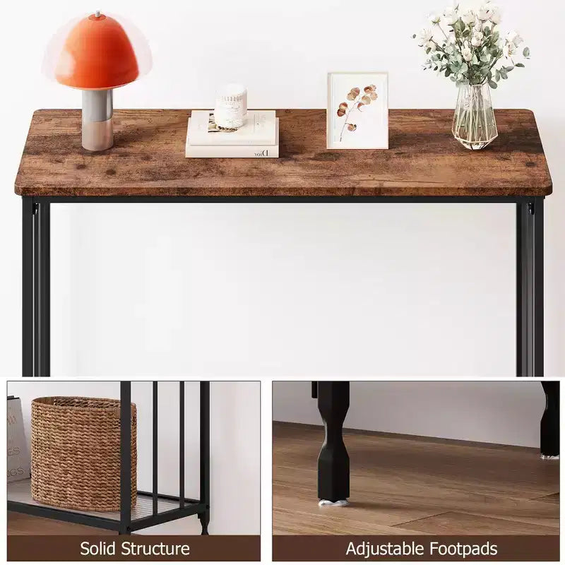 Table console 33.5/41.5, Table d'entrée industrielle, Table basse étroite avec étagère en verre